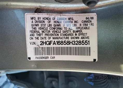 2008 Honda Civic Ex from USA, damaged, VIN 2HGFA16858H328551